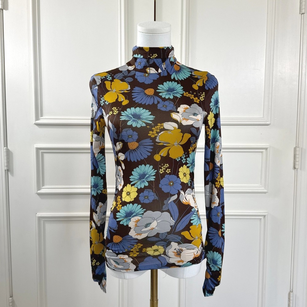 Zara Floral Long Sleeve Fitted Turtleneck Top Women's S Brown Retro 70s
